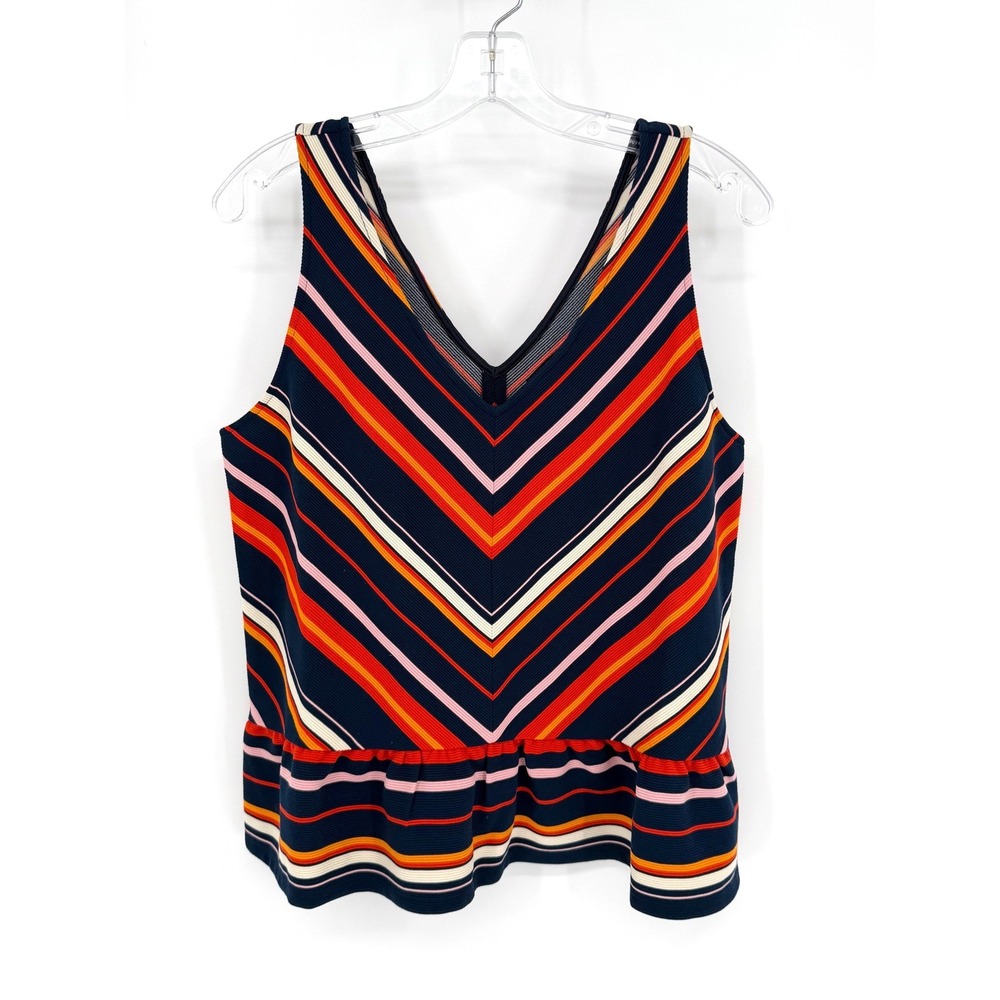 Paris Sunday Peplum Tank Top Womens L Navy Multi Chevron V-Neck Retro Mod Career